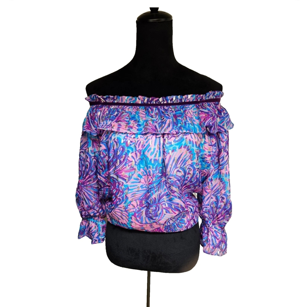 Lilly Pulitzer- Ceecee, Turquoise Oasis Off/On the shoulder Top-Size Large